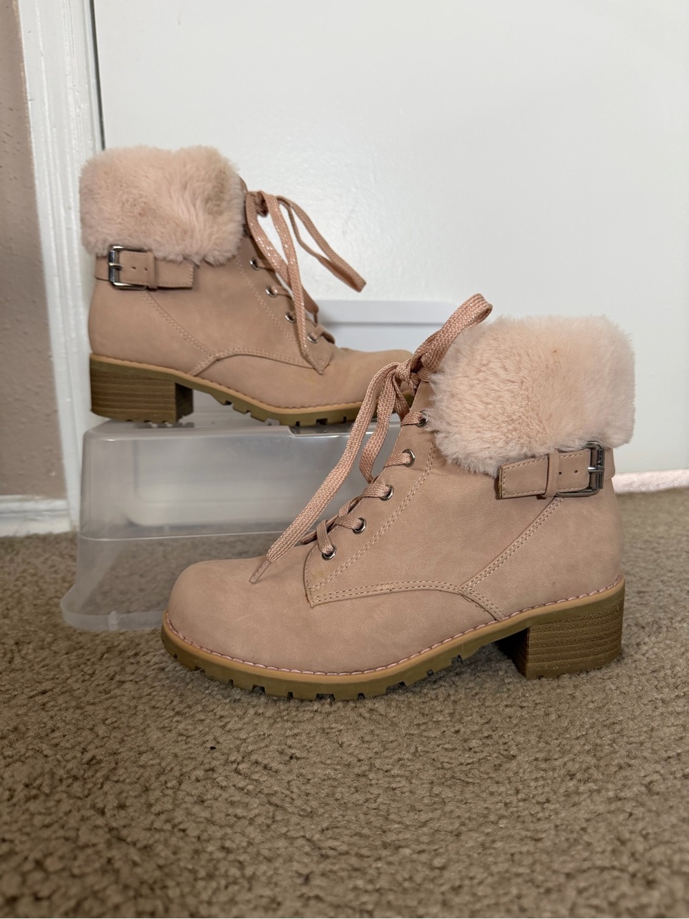 Kids Faux Fur Lace-Up Ankle Boots in Blush 4